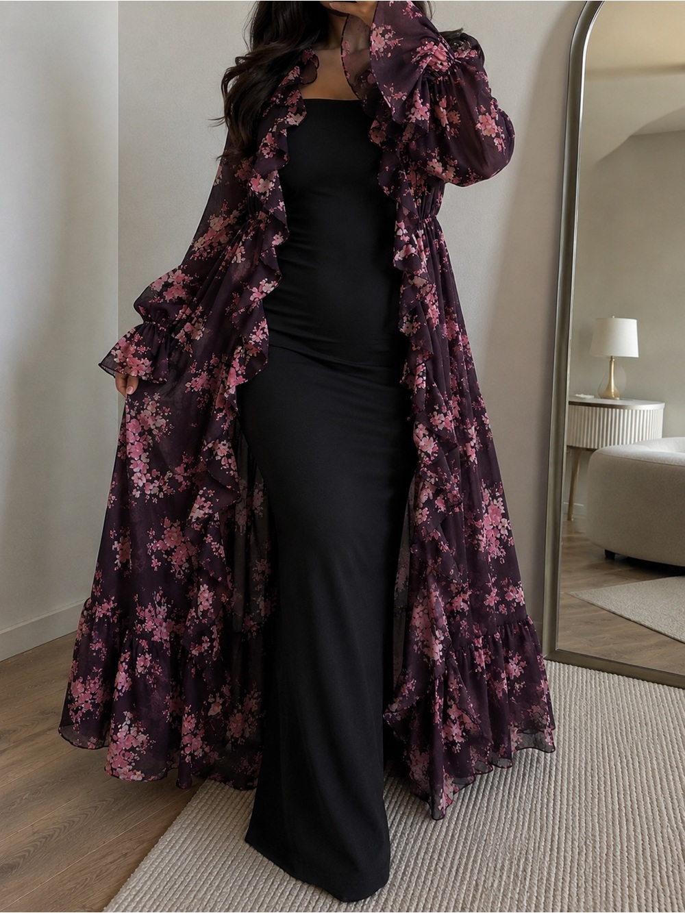 Plum Floral Ruffle Maxi Cover-Up Dress by